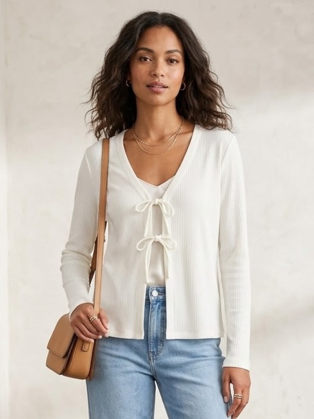 Talbots Cream Tie-Front Ribbed Top